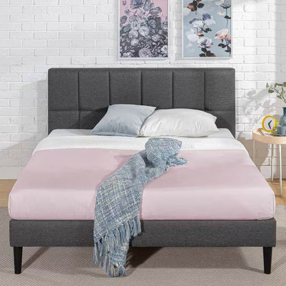 Queen size Grey Upholstered Platform Bed Frame with Padded Headboard - Loft&Timber
