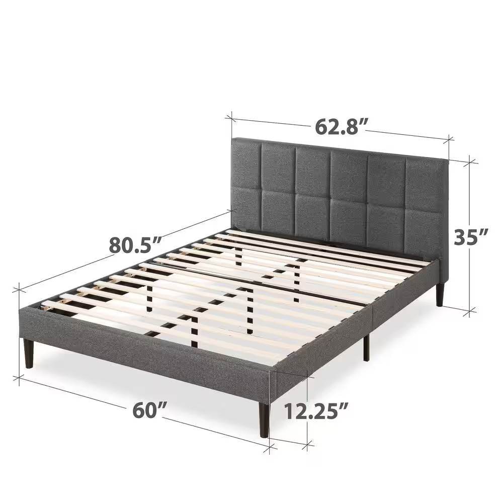 Queen size Grey Upholstered Platform Bed Frame with Padded Headboard - Loft&Timber