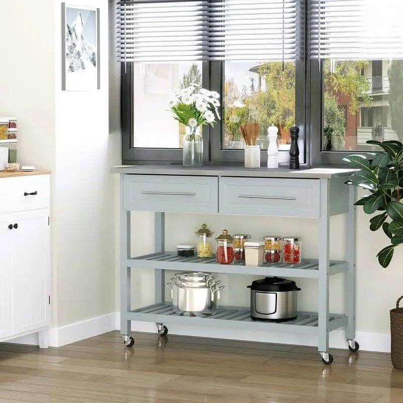 Light Gray Rolling Kitchen Island 2 Drawers Storage with Stainless Steel Top - Loft&Timber