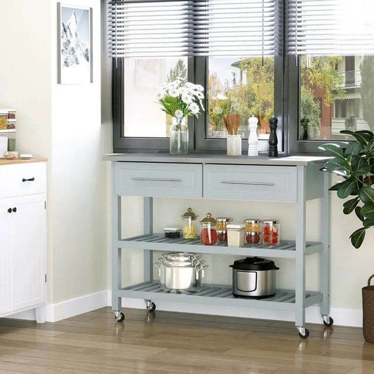 Light Gray Rolling Kitchen Island 2 Drawers Storage with Stainless Steel Top - Loft&Timber