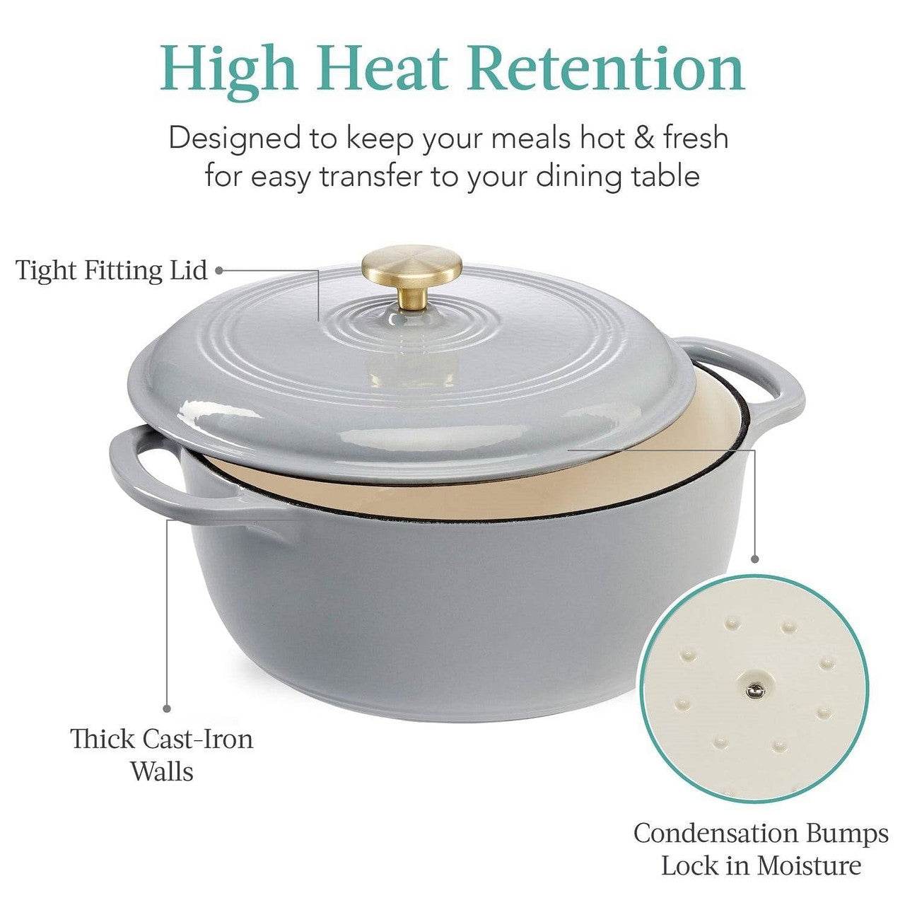 6 Quart Large Light Grey Enamel Cast-Iron Dutch Oven Kitchen Cookware - Loft&Timber