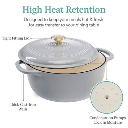 6 Quart Large Light Grey Enamel Cast-Iron Dutch Oven Kitchen Cookware - Loft&Timber