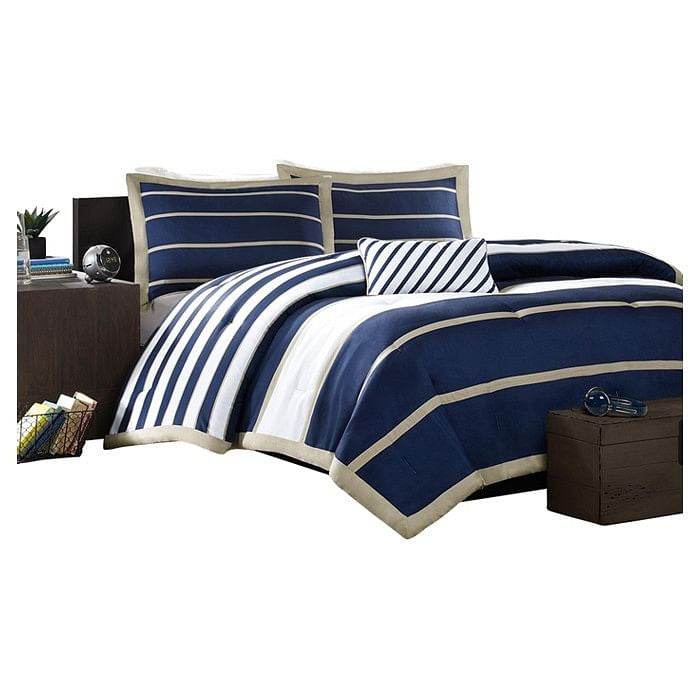 Full / Queen size Comforter Set in Navy Blue White Khaki Stripe - Loft&Timber