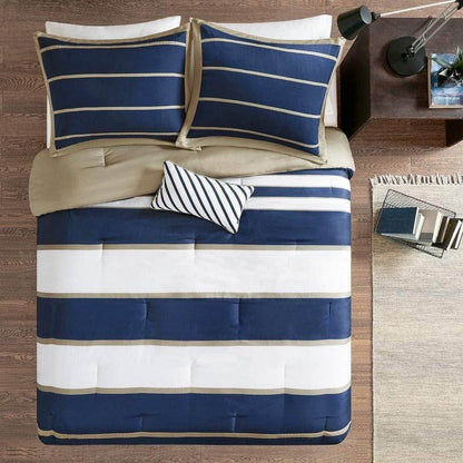 Full / Queen size Comforter Set in Navy Blue White Khaki Stripe - Loft&Timber