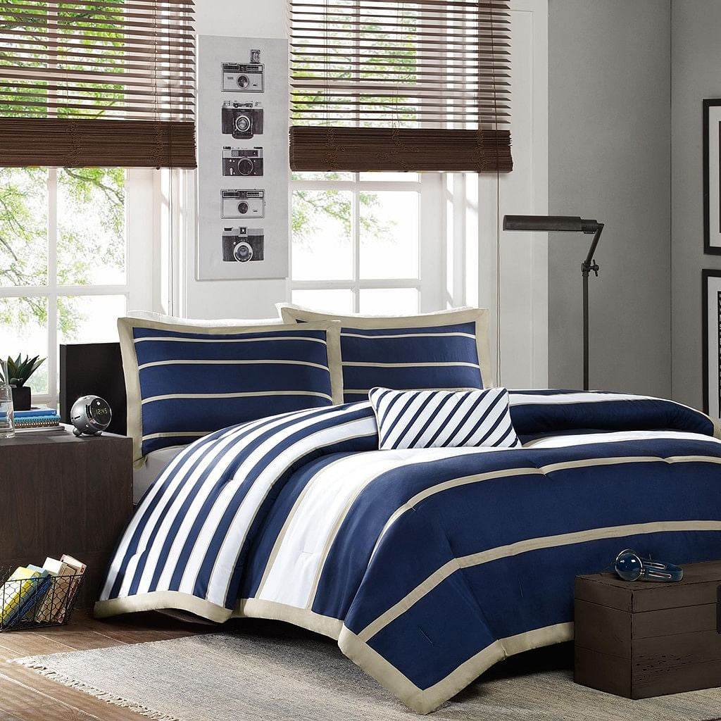 Full / Queen size Comforter Set in Navy Blue White Khaki Stripe - Loft&Timber