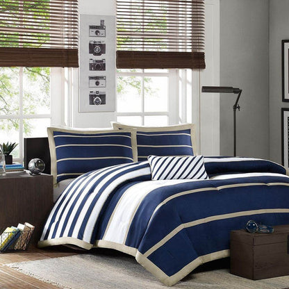 Full / Queen size Comforter Set in Navy Blue White Khaki Stripe - Loft&Timber
