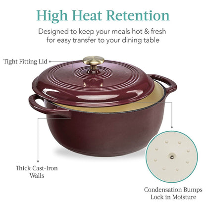 6 Quart Large Maroon Cabernet Red Enamel Cast-Iron Dutch Oven Kitchen Cookware - Loft&Timber