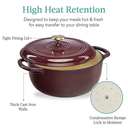 6 Quart Large Maroon Cabernet Red Enamel Cast-Iron Dutch Oven Kitchen Cookware - Loft&Timber