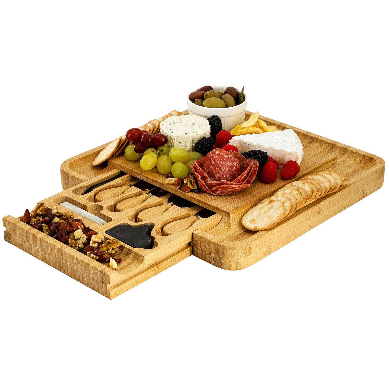 MegaChef Bamboo Charcuterie Cheese Board with Slide Out Drawer with Cheese Utensils, Bottle Opener, - Loft&Timber