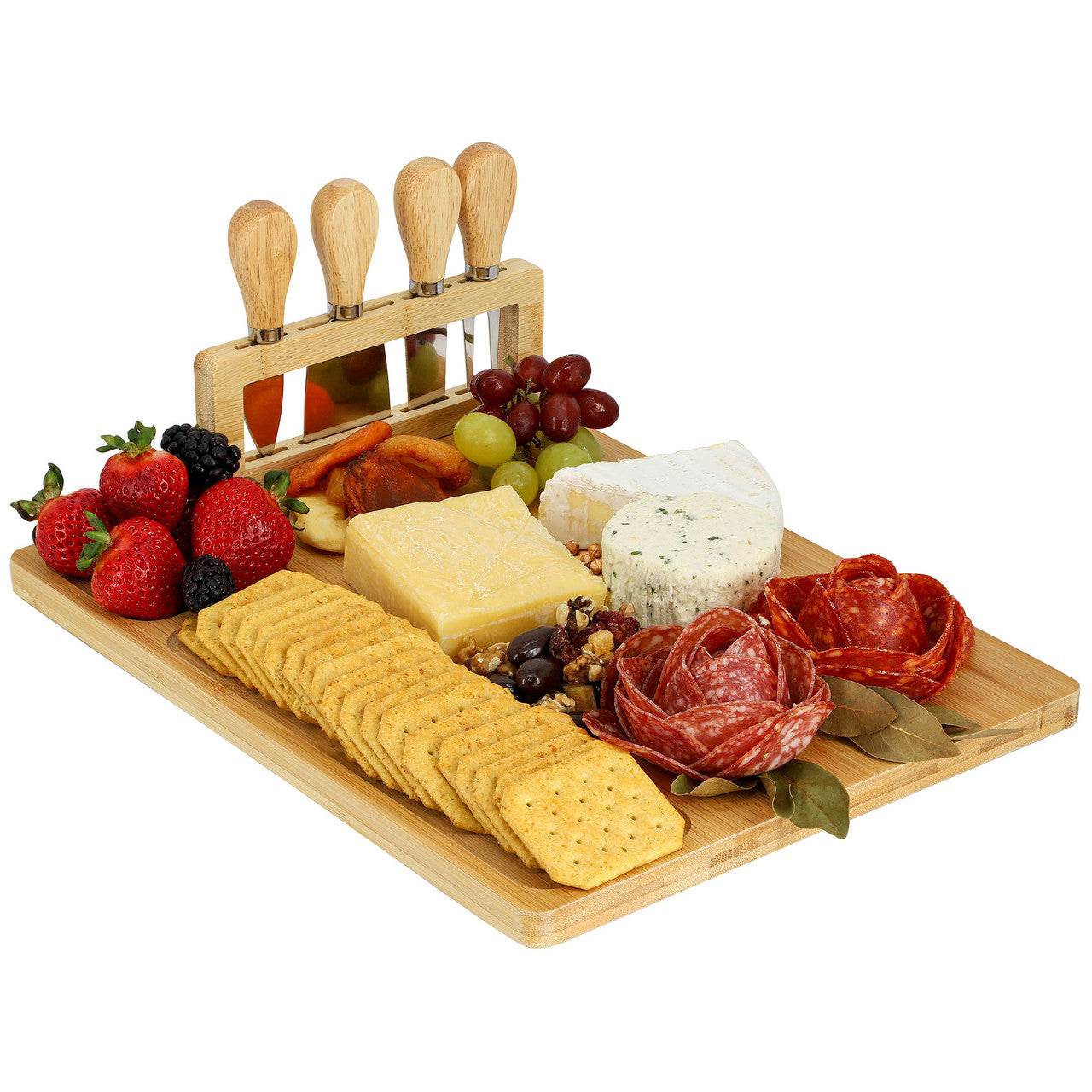 MegaChef Bamboo Charcuterie and Cheese Board with Knife Stand Attachment and 4 Piece Knife Set - Loft&Timber