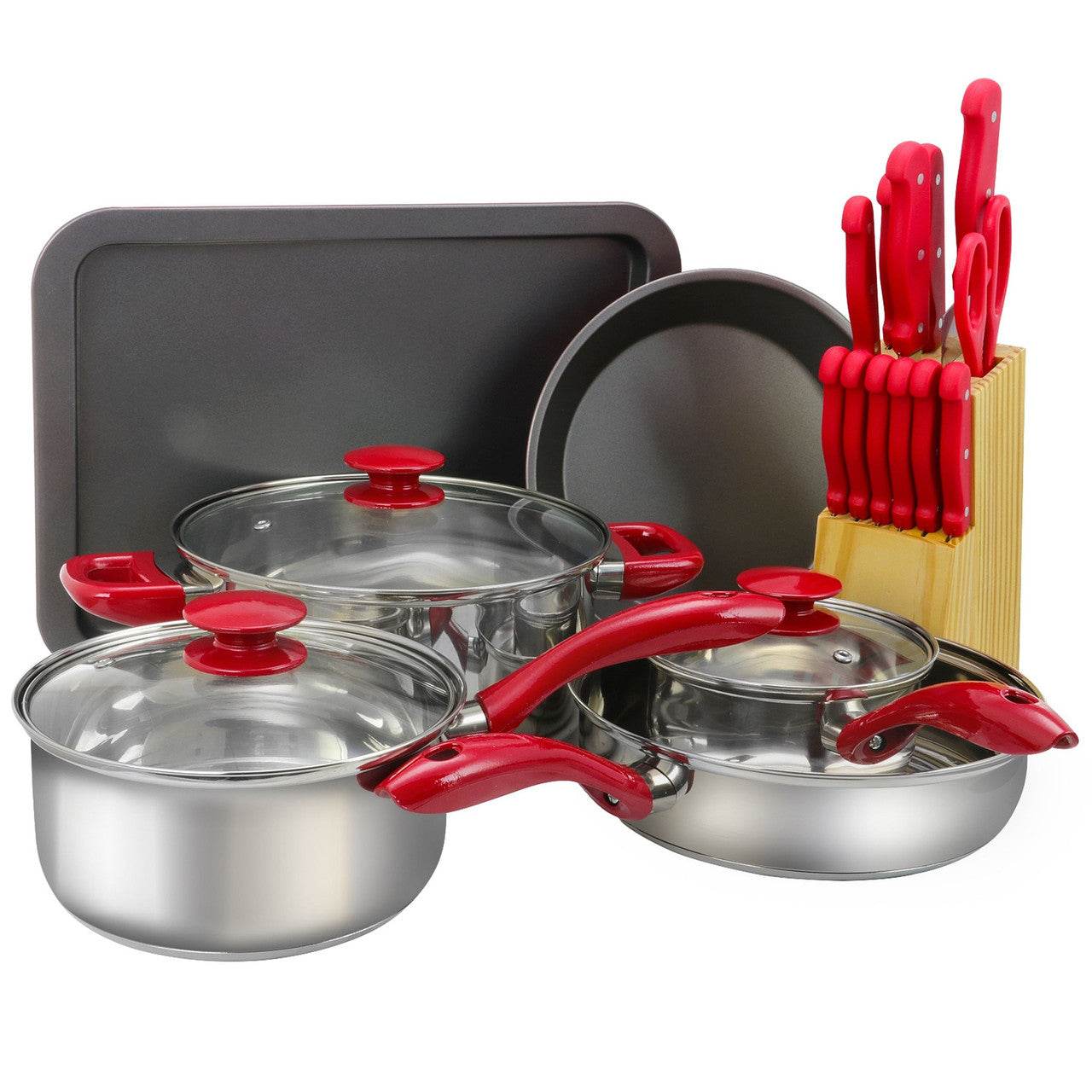 MegaChef 22 Piece Aluminum Cookware Combo Set in Red - Loft&Timber