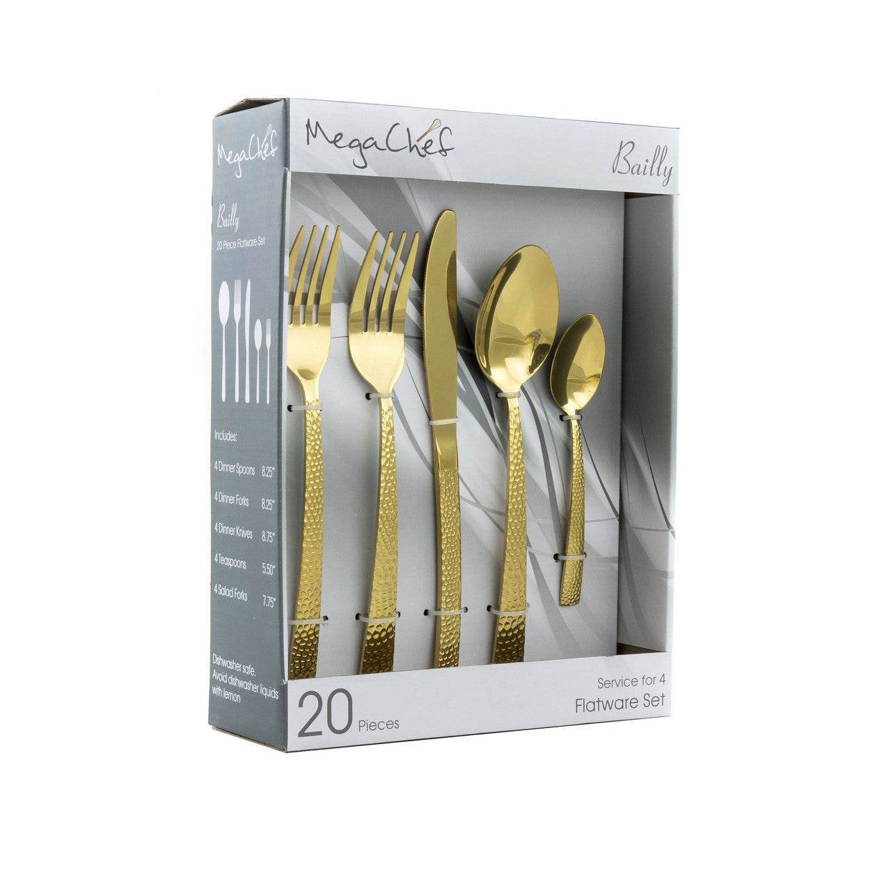 MegaChef Baily 20 Piece Flatware Utensil Set, Stainless Steel Silverware Metal Service for 4 in Gold - Loft&Timber