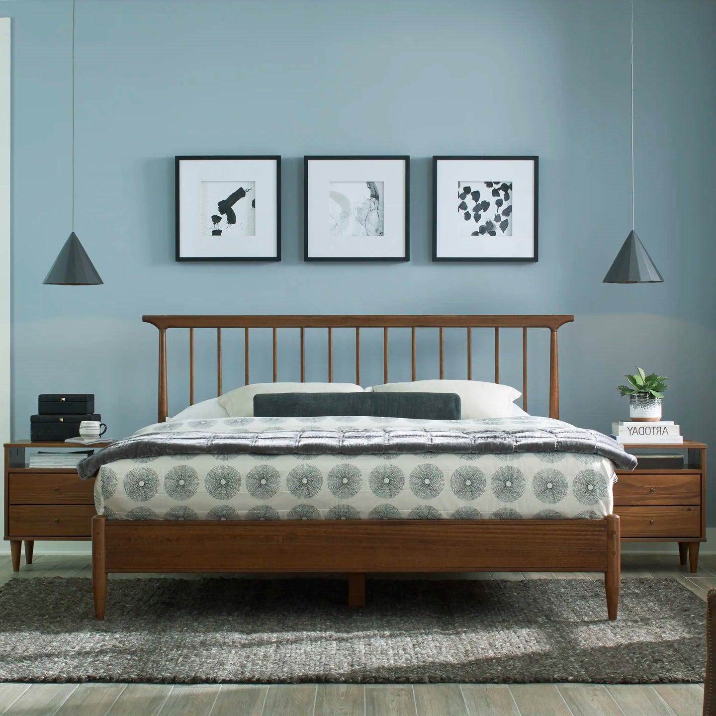 Queen Size Hardwood Mid Century Platform Bed Frame with Headboard in Walnut - Loft&Timber