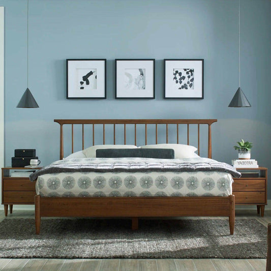 Queen Size Hardwood Mid Century Platform Bed Frame with Headboard in Walnut - Loft&Timber