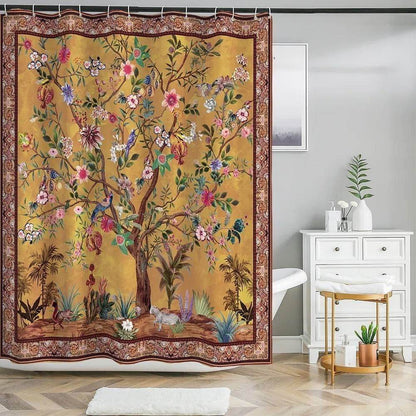 72-inch Brown Red Orange Green Floral Tree Birds Plants Flowers Shower Curtain - Loft&Timber