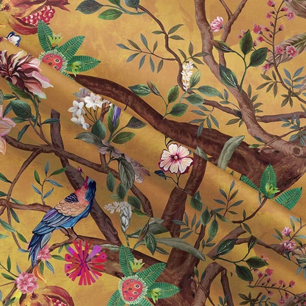 72-inch Brown Red Orange Green Floral Tree Birds Plants Flowers Shower Curtain - Loft&Timber