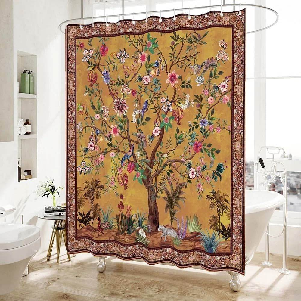 72-inch Brown Red Orange Green Floral Tree Birds Plants Flowers Shower Curtain - Loft&Timber