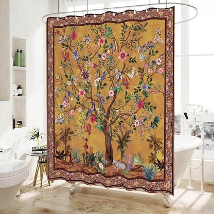 72-inch Brown Red Orange Green Floral Tree Birds Plants Flowers Shower Curtain - Loft&Timber