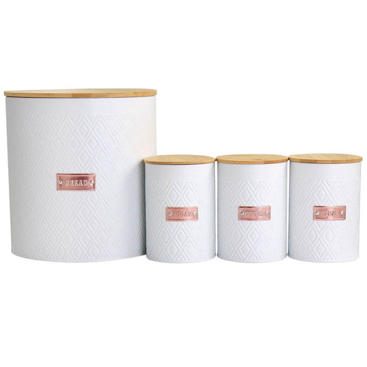 MegaChef Kitchen Food Storage and Organization 4 Piece Argyle Canister Set in White with Bamboo Lids - Loft&Timber