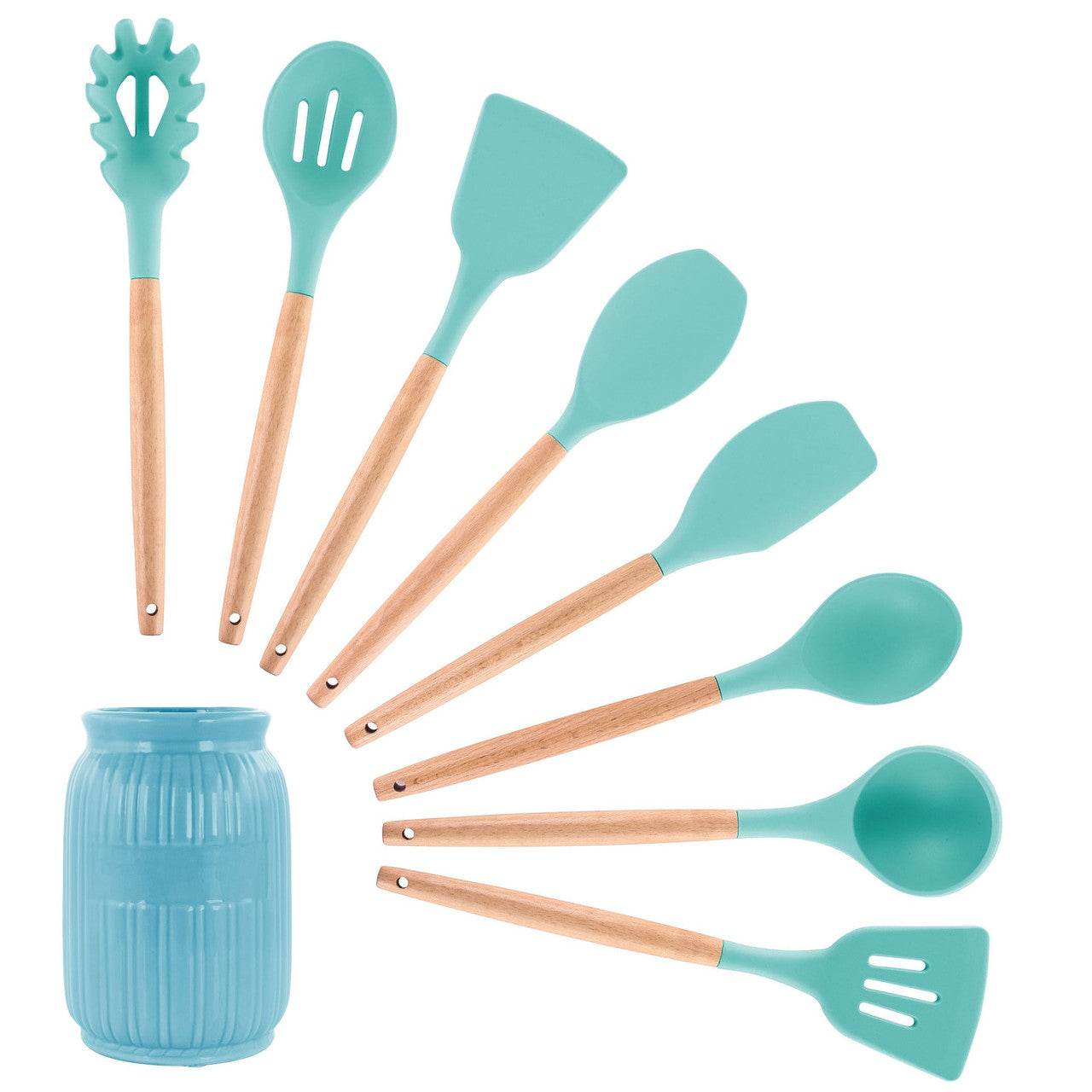 MegaChef Light Teal Silicone and Wood Cooking Utensils, Set of 9 - Loft&Timber
