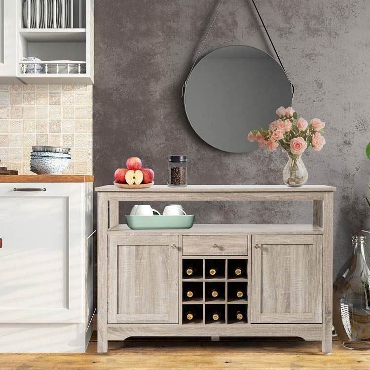 Grey Wood Sideboard Buffet Server Cabinet with Wine Rack and Storage Shelf - Loft&Timber