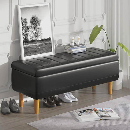 Modern Mid-Century Black Faux Leather End of Bed Storage Bench Ottoman - Loft&Timber