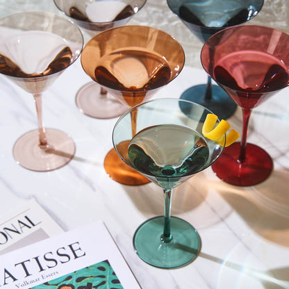 Colored Crystal Martini & Cocktail Glass Set of 6, Gift For Her, Wife, Mom Friend - Large 10 oz Glasses, Unique Italian Style Tall Drinkware - Drinkware, Dinner, Color Beautiful Glassware - (Pastel) - Loft&Timber