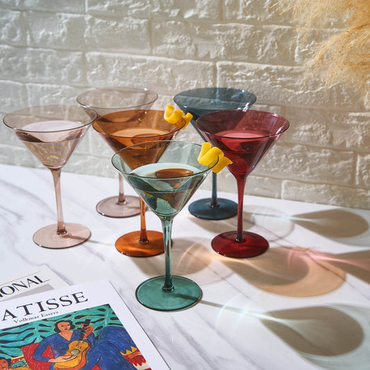 Colored Crystal Martini & Cocktail Glass Set of 6, Gift For Her, Wife, Mom Friend - Large 10 oz Glasses, Unique Italian Style Tall Drinkware - Drinkware, Dinner, Color Beautiful Glassware - (Pastel) - Loft&Timber