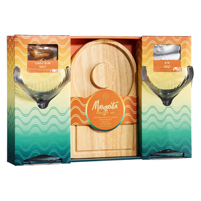 Margarita Glass, Salt & Board Gift Set - Includes 2 Ribbed 12oz Stemmed Glasses, Chili & Regular Salt, Wooden Rimmer Board, Beautiful Gift Box - Gifts for Margarita Lovers, Cocktail Parties, Holiday - Loft&Timber