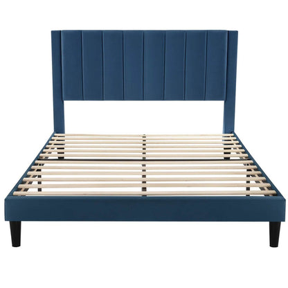 Full size Modern Navy Blue Velvet Upholstered Platform Bed with Headboard - Loft&Timber