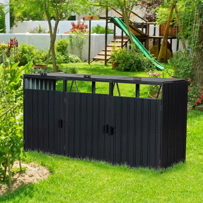 Outdoor Black Galvanized Steel Garbage Bin Storage Shed - Holds 3 Trash Cans-1