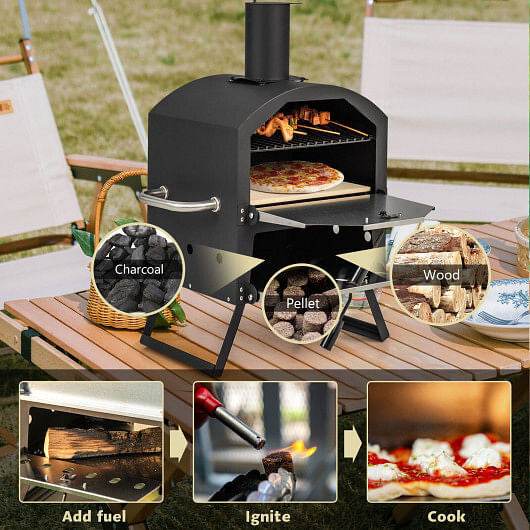 Outdoor Pizza Oven with Anti-scalding Handles and Foldable Legs-Black - Loft&Timber