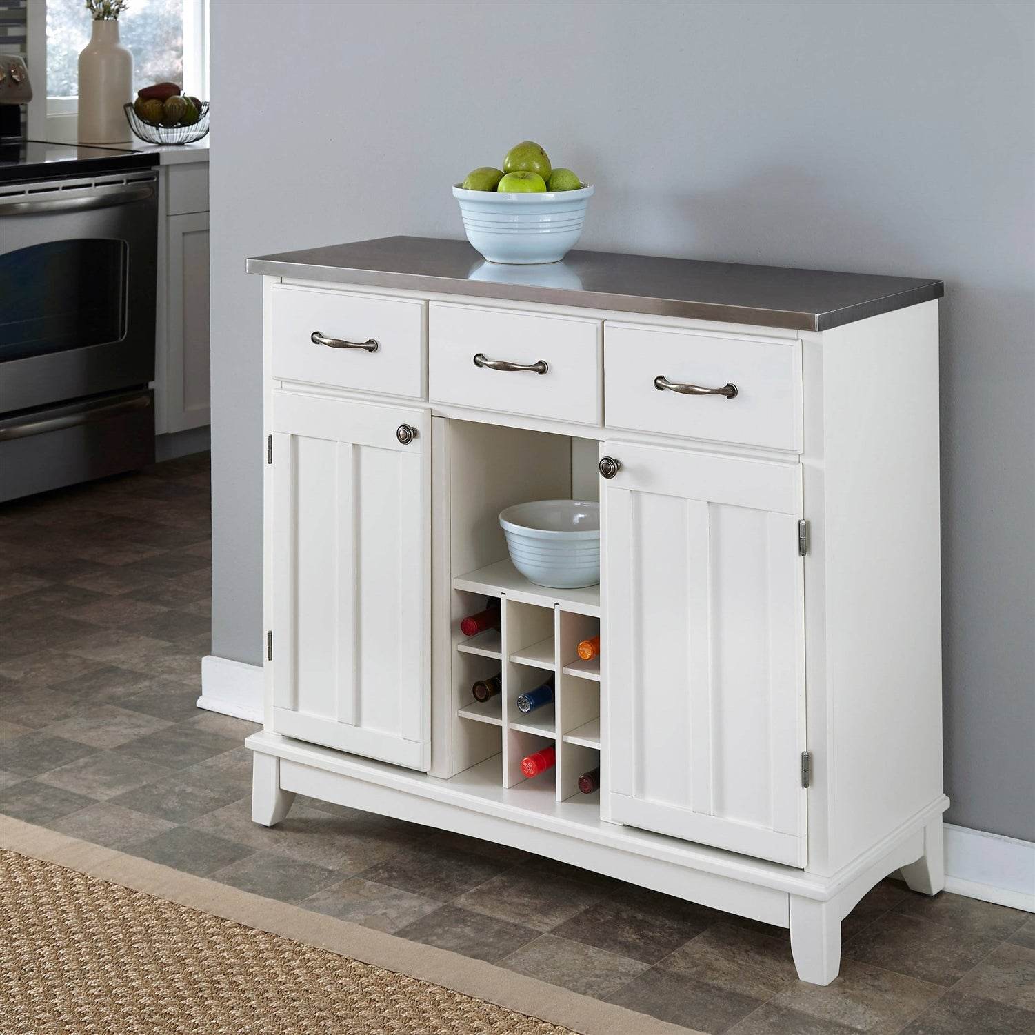 Stainless Steel Top Kitchen Island Sideboard Cabinet Wine Rack in White - Loft&Timber