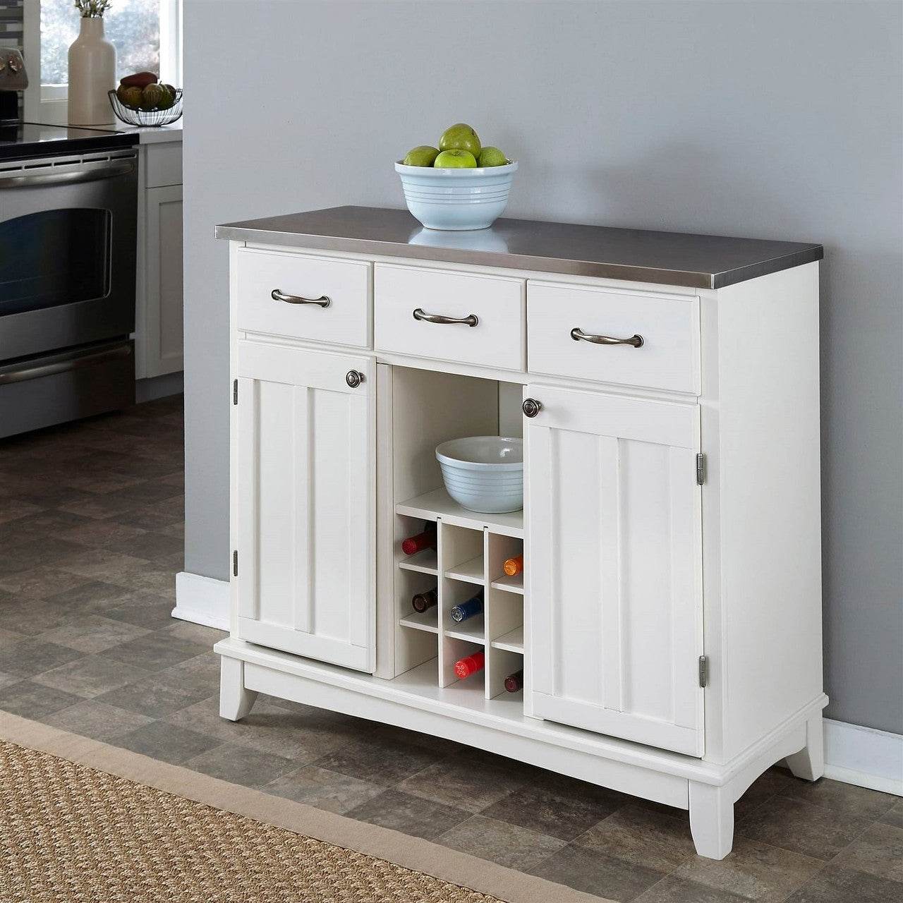 Stainless Steel Top Kitchen Island Sideboard Cabinet Wine Rack in White - Loft&Timber