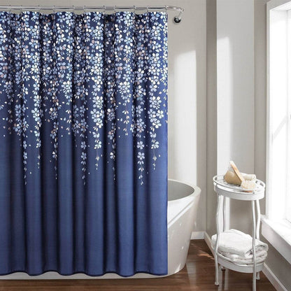 72-inch Navy Light Blue White Floral Vines and Flowers Shower Curtain - Loft&Timber