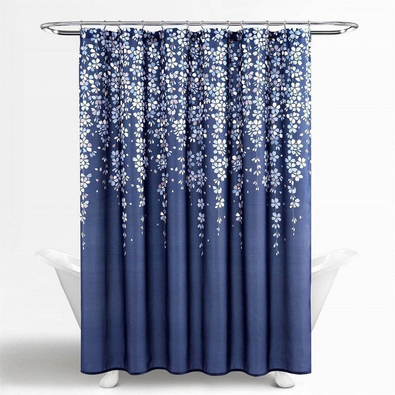 72-inch Navy Light Blue White Floral Vines and Flowers Shower Curtain - Loft&Timber
