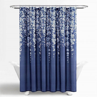 72-inch Navy Light Blue White Floral Vines and Flowers Shower Curtain - Loft&Timber