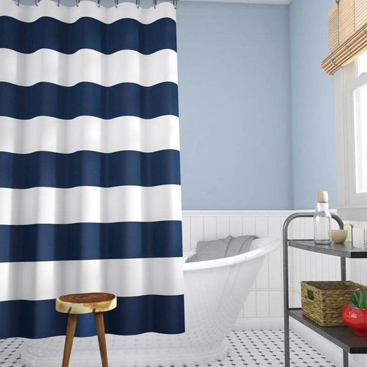 72 x 70 inch Polyester Navy Blue White Nautical Ocean Striped Shower Curtain - Loft&Timber