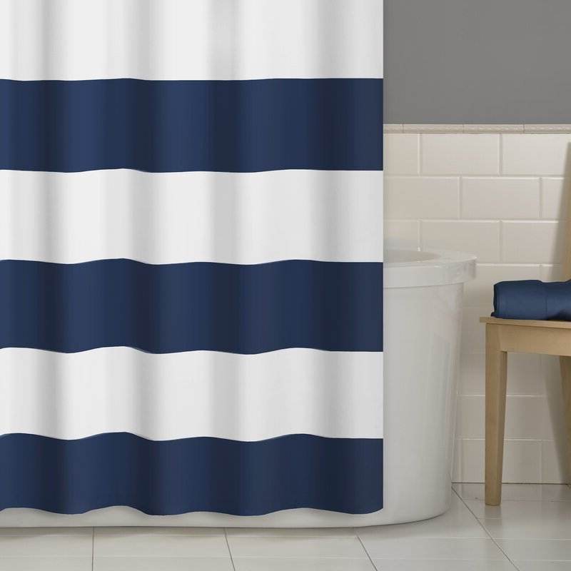 72 x 70 inch Polyester Navy Blue White Nautical Ocean Striped Shower Curtain - Loft&Timber