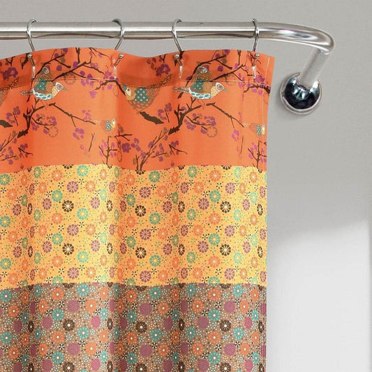 72-inch Orange Teal Floral Damask Boho Birds Polyester Shower Curtain - Loft&Timber