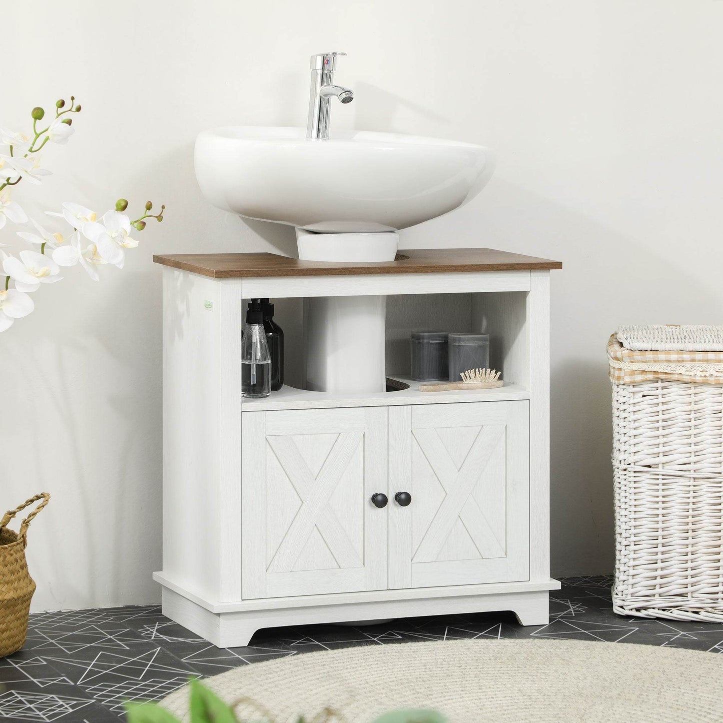 Space-Saving Under Sink Bathroom Vanity Unit with Double Doors - White - Loft&Timber