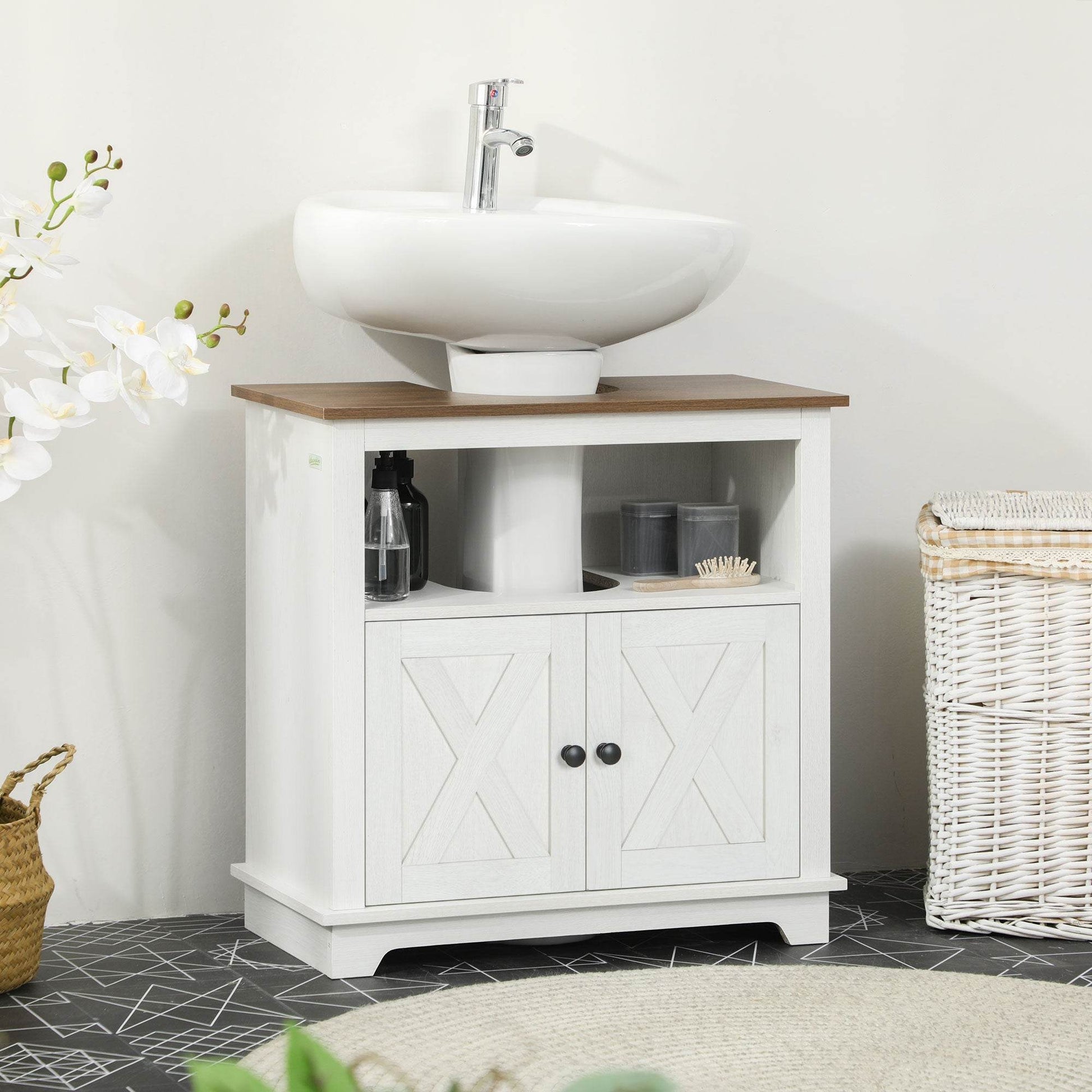 Space-Saving Under Sink Bathroom Vanity Unit with Double Doors - White - Loft&Timber