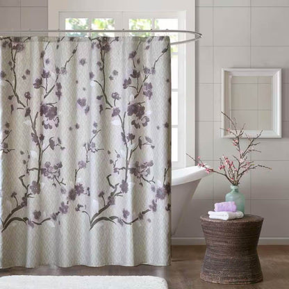 72 x 72 in Cotton Shower Curtain with Purple Grey Beige Floral Blossom Pattern - Loft&Timber