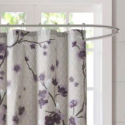 72 x 72 in Cotton Shower Curtain with Purple Grey Beige Floral Blossom Pattern - Loft&Timber