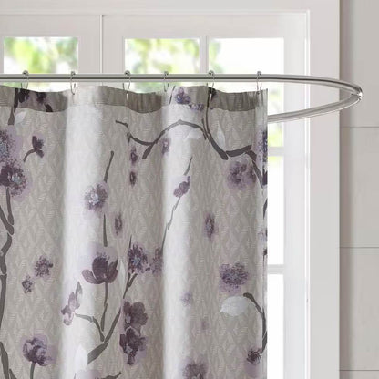 72 x 72 in Cotton Shower Curtain with Purple Grey Beige Floral Blossom Pattern - Loft&Timber