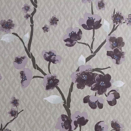 72 x 72 in Cotton Shower Curtain with Purple Grey Beige Floral Blossom Pattern - Loft&Timber