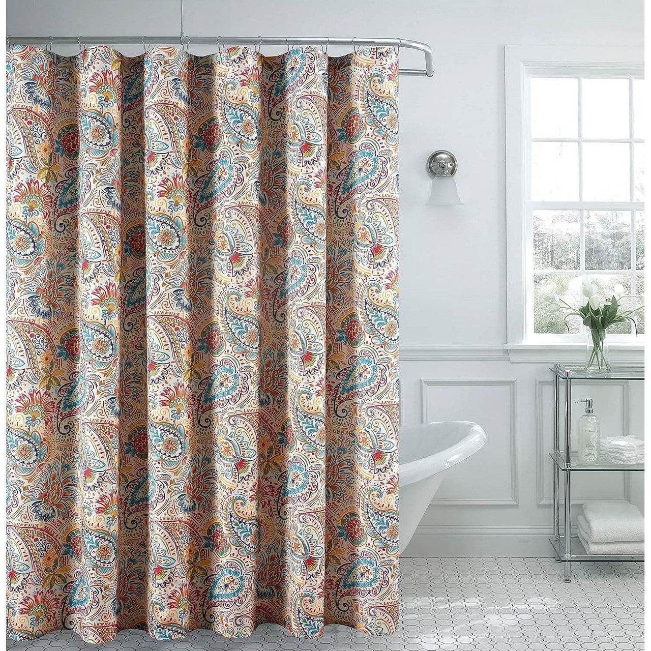 72-in. Paisley Polyester Fabric Shower Curtain in Vibrant Teal Red Yellow White - Loft&Timber