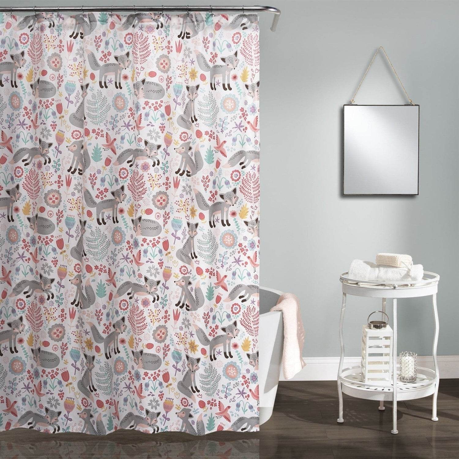 72-inch Pink Grey Teal Floral Fox Birds Polyester Shower Curtain - Loft&Timber