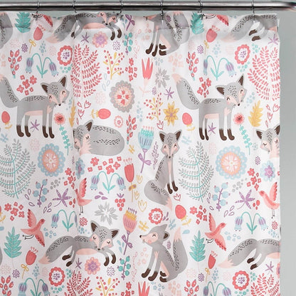 72-inch Pink Grey Teal Floral Fox Birds Polyester Shower Curtain - Loft&Timber