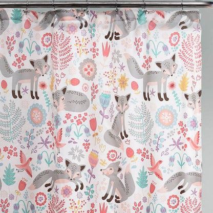 72-inch Pink Grey Teal Floral Fox Birds Polyester Shower Curtain - Loft&Timber